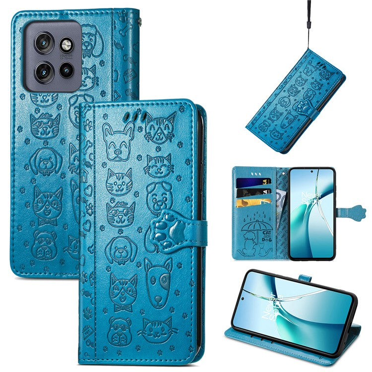 For Motorola Edge 50 Neo 5G Case Leather Wallet Flip Phone Cover Cute Cat Dog Pattern - Blue