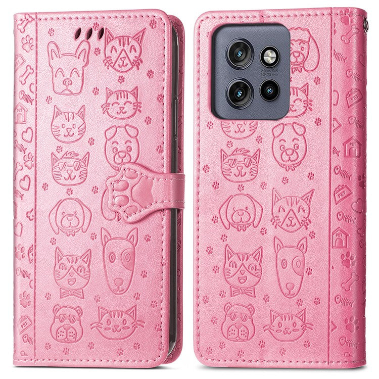 For Motorola Edge 50 Neo 5G Case Leather Wallet Flip Phone Cover Cute Cat Dog Pattern - Pink
