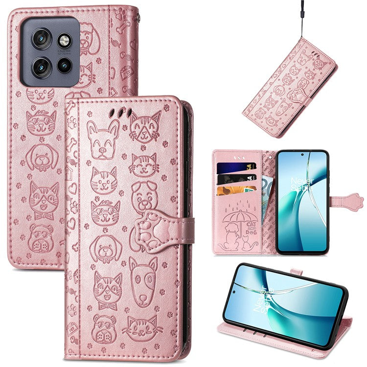 For Motorola Edge 50 Neo 5G Case Leather Wallet Flip Phone Cover Cute Cat Dog Pattern - Rose Gold