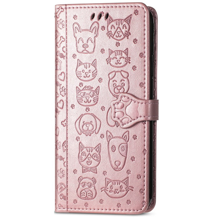 For Motorola Edge 50 Neo 5G Case Leather Wallet Flip Phone Cover Cute Cat Dog Pattern - Rose Gold