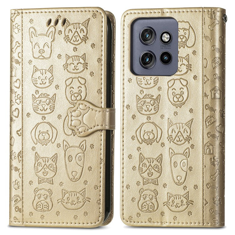 For Motorola Edge 50 Neo 5G Case Leather Wallet Flip Phone Cover Cute Cat Dog Pattern - Gold