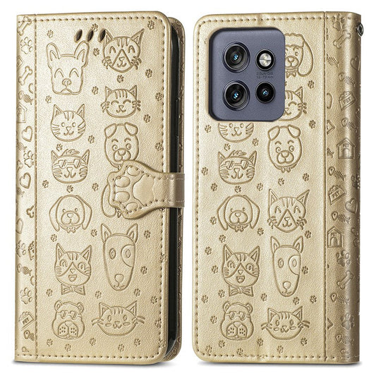 For Motorola Edge 50 Neo 5G Case Leather Wallet Flip Phone Cover Cute Cat Dog Pattern - Gold