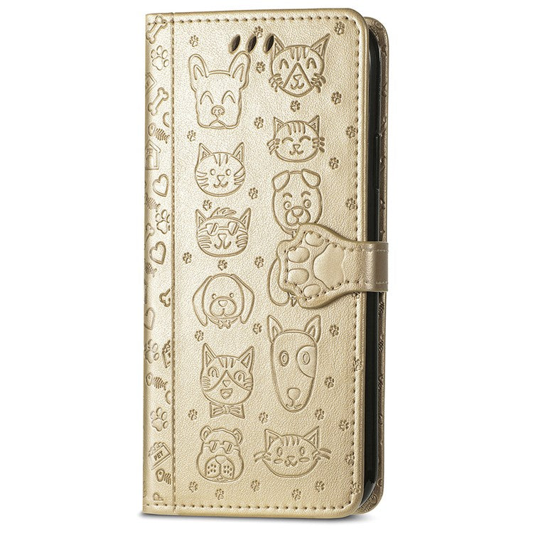 For Motorola Edge 50 Neo 5G Case Leather Wallet Flip Phone Cover Cute Cat Dog Pattern - Gold