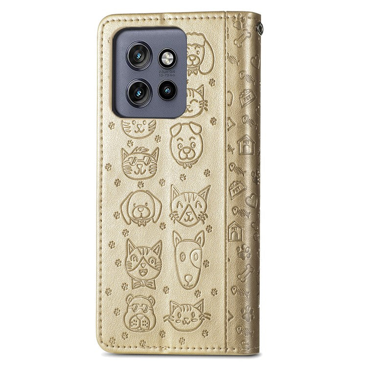 For Motorola Edge 50 Neo 5G Case Leather Wallet Flip Phone Cover Cute Cat Dog Pattern - Gold