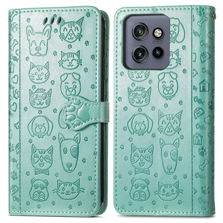 For Motorola Edge 50 Neo 5G Case Leather Wallet Flip Phone Cover Cute Cat Dog Pattern - Green