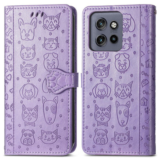 For Motorola Edge 50 Neo 5G Case Leather Wallet Flip Phone Cover Cute Cat Dog Pattern - Light Purple