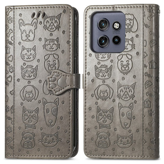 For Motorola Edge 50 Neo 5G Case Leather Wallet Flip Phone Cover Cute Cat Dog Pattern - Grey