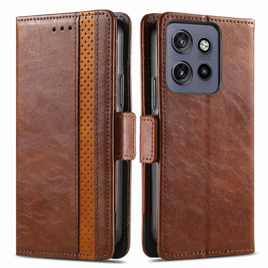 CASENEO 002 Series For Motorola Edge 50 Neo 5G Case Stand Wallet Splicing PU Leather Cover - Dark Brown