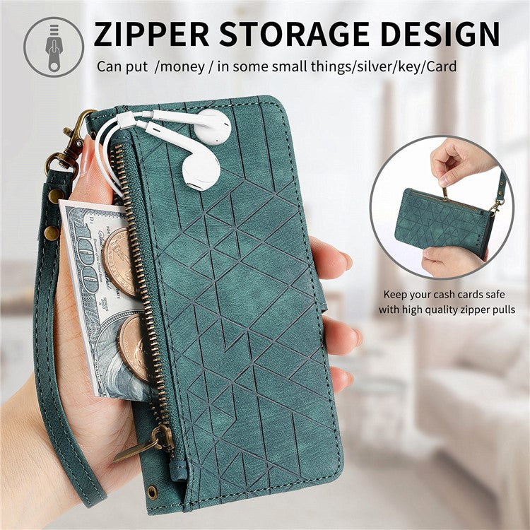 For Motorola Edge 50 Neo 5G / Moto S50 5G / Thinkphone 25 5G Case Zipper Wallet Geometry Lines Leather Phone Cover - Green