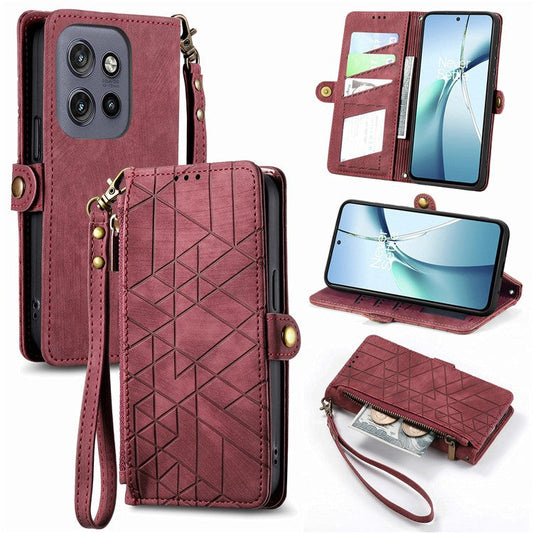 For Motorola Edge 50 Neo 5G / Moto S50 5G / Thinkphone 25 5G Case Zipper Wallet Geometry Lines Leather Phone Cover - Red