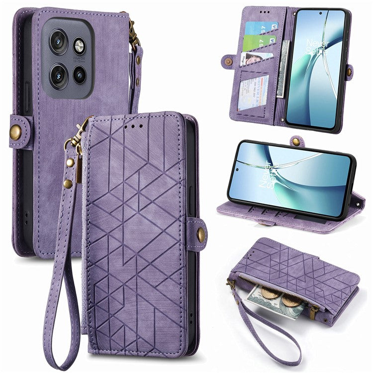 For Motorola Edge 50 Neo 5G / Moto S50 5G / Thinkphone 25 5G Case Zipper Wallet Geometry Lines Leather Phone Cover - Light Purple