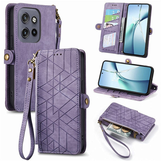 For Motorola Edge 50 Neo 5G / Moto S50 5G / Thinkphone 25 5G Case Zipper Wallet Geometry Lines Leather Phone Cover - Light Purple