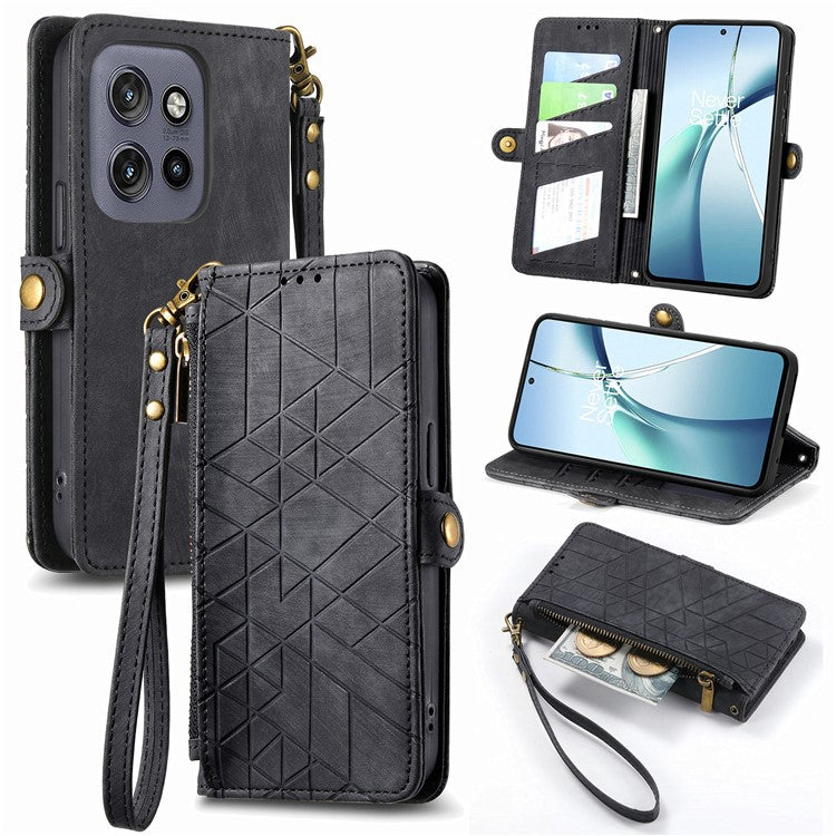 For Motorola Edge 50 Neo 5G / Moto S50 5G / Thinkphone 25 5G Case Zipper Wallet Geometry Lines Leather Phone Cover - Black