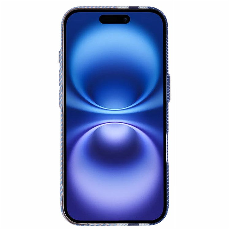For iPhone 16 Plus Case Compatible with MagSafe Carbon Fiber Texture Water-Transfer PC Phone Cover - Blue Vertical Stripes