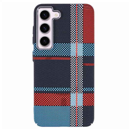 For Samsung Galaxy S23+ Case Compatible with MagSafe Carbon Fiber Texture Water-Transfer PC Phone Cover - Red+Blue Checkered Pattern