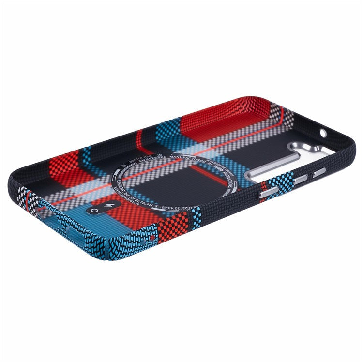 For Samsung Galaxy S23+ Case Compatible with MagSafe Carbon Fiber Texture Water-Transfer PC Phone Cover - Red+Blue Checkered Pattern