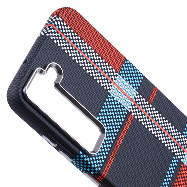 For Samsung Galaxy S23+ Case Compatible with MagSafe Carbon Fiber Texture Water-Transfer PC Phone Cover - Red+Blue Checkered Pattern