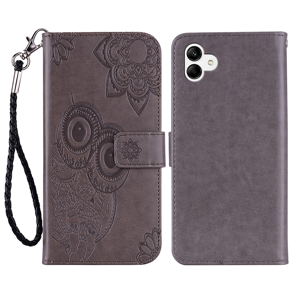 For Samsung Galaxy A06 Case Owl Flower Imprinted Leather Cover Wallet with Strap - Grey