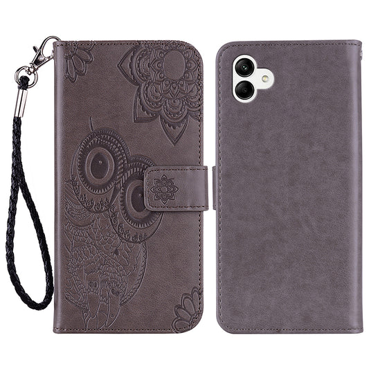 For Samsung Galaxy A06 Case Owl Flower Imprinted Leather Cover Wallet with Strap - Grey