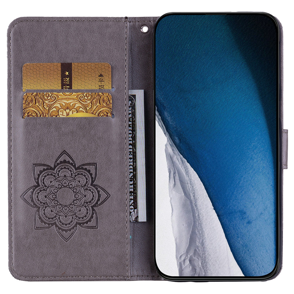 For Samsung Galaxy A06 Case Owl Flower Imprinted Leather Cover Wallet with Strap - Grey