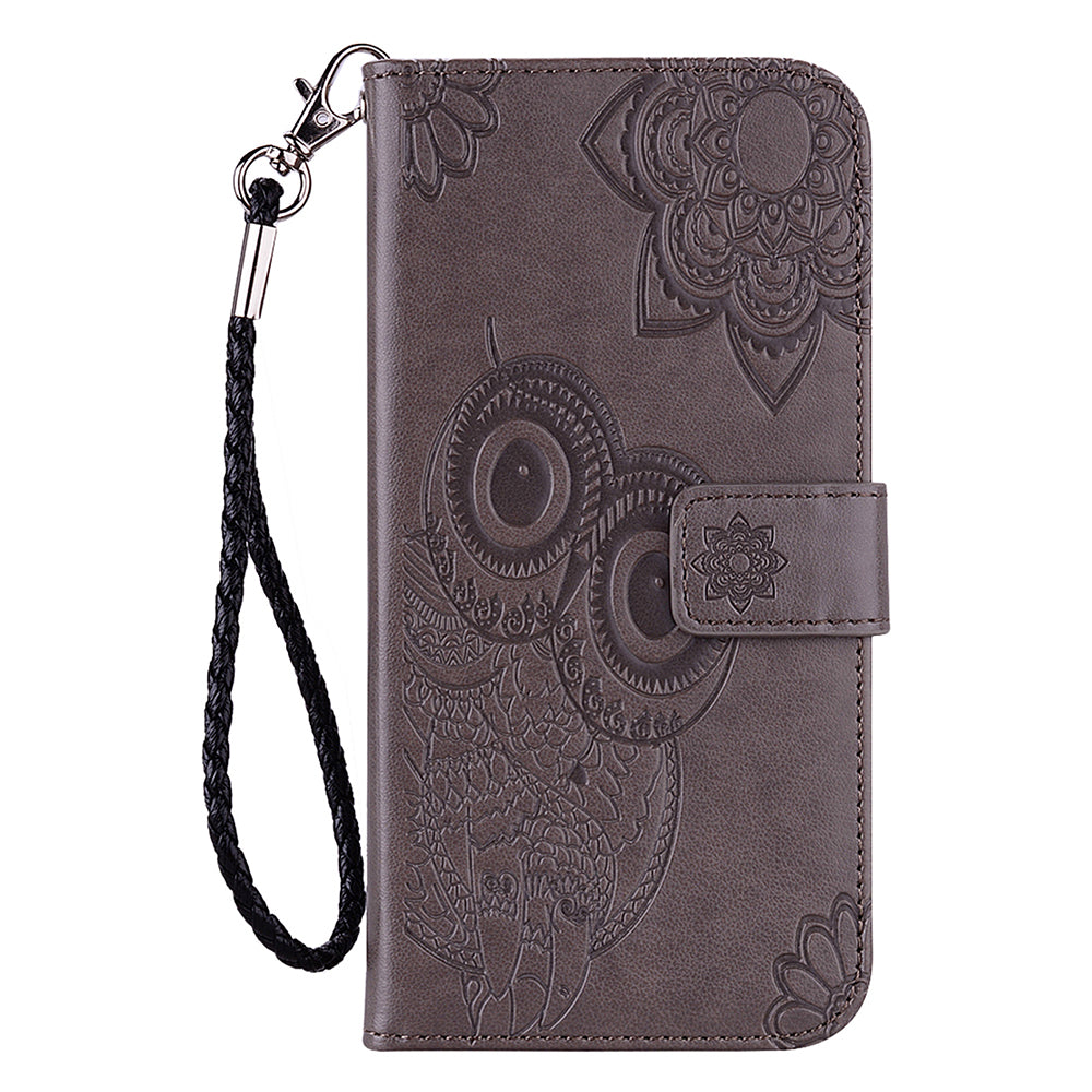 For Samsung Galaxy A06 Case Owl Flower Imprinted Leather Cover Wallet with Strap - Grey