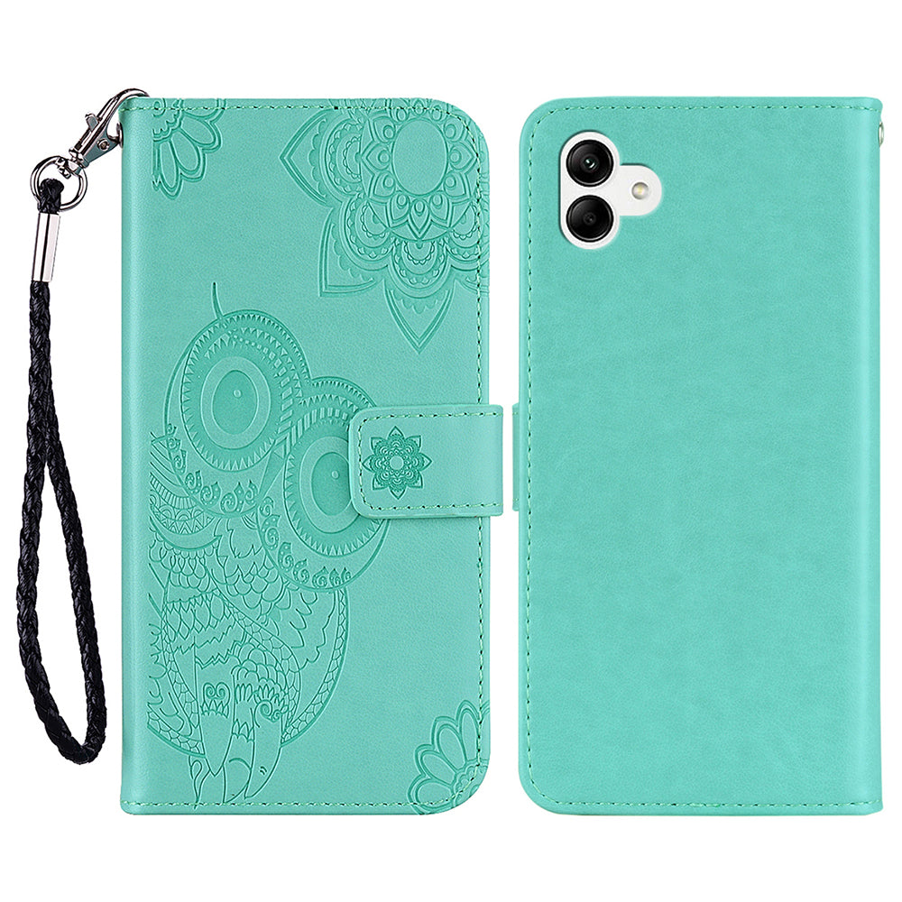 For Samsung Galaxy A06 Case Owl Flower Imprinted Leather Cover Wallet with Strap - Cyan