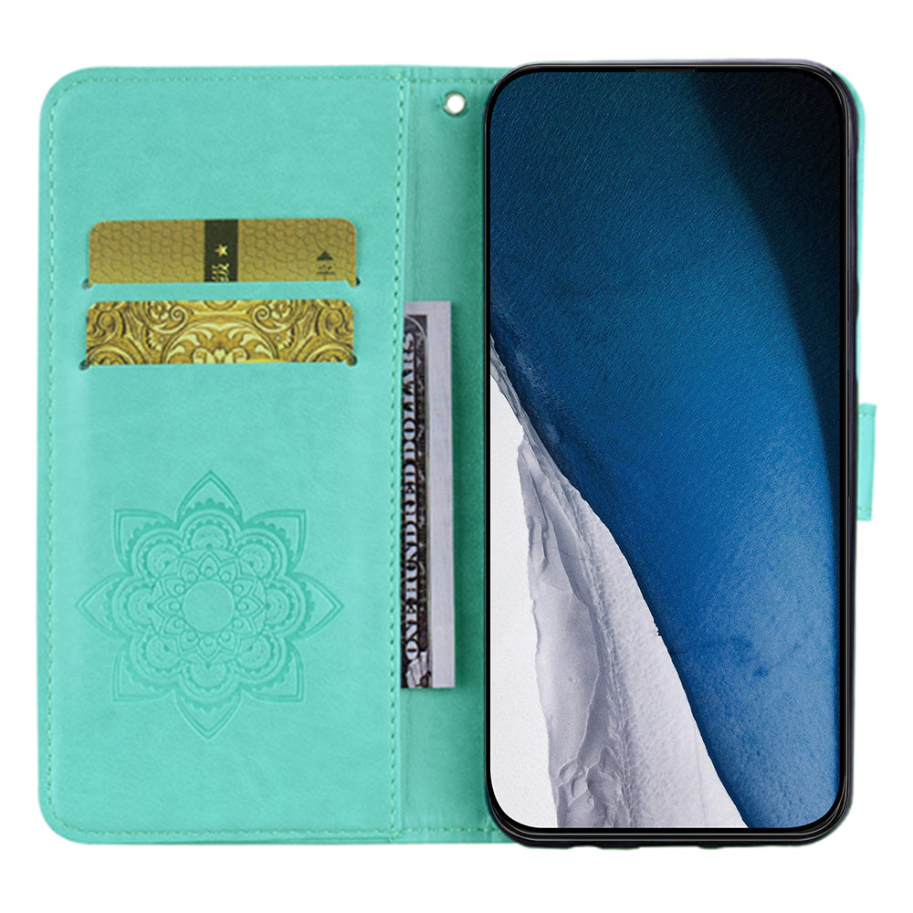 For Samsung Galaxy A06 Case Owl Flower Imprinted Leather Cover Wallet with Strap - Cyan