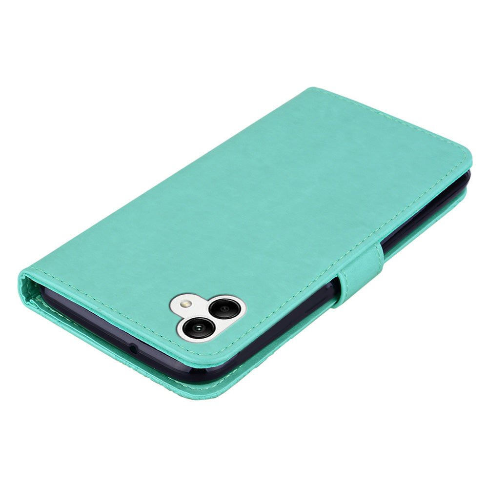 For Samsung Galaxy A06 Case Owl Flower Imprinted Leather Cover Wallet with Strap - Cyan