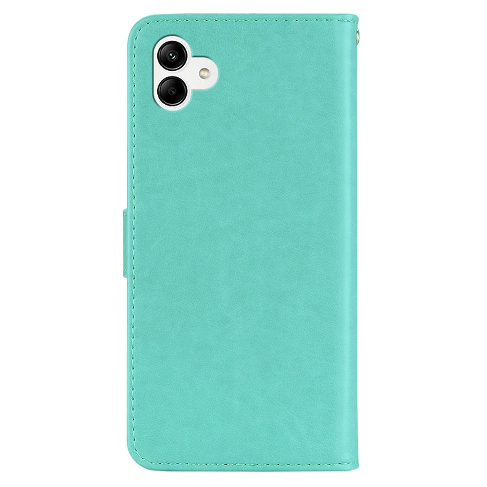 For Samsung Galaxy A06 Case Owl Flower Imprinted Leather Cover Wallet with Strap - Cyan
