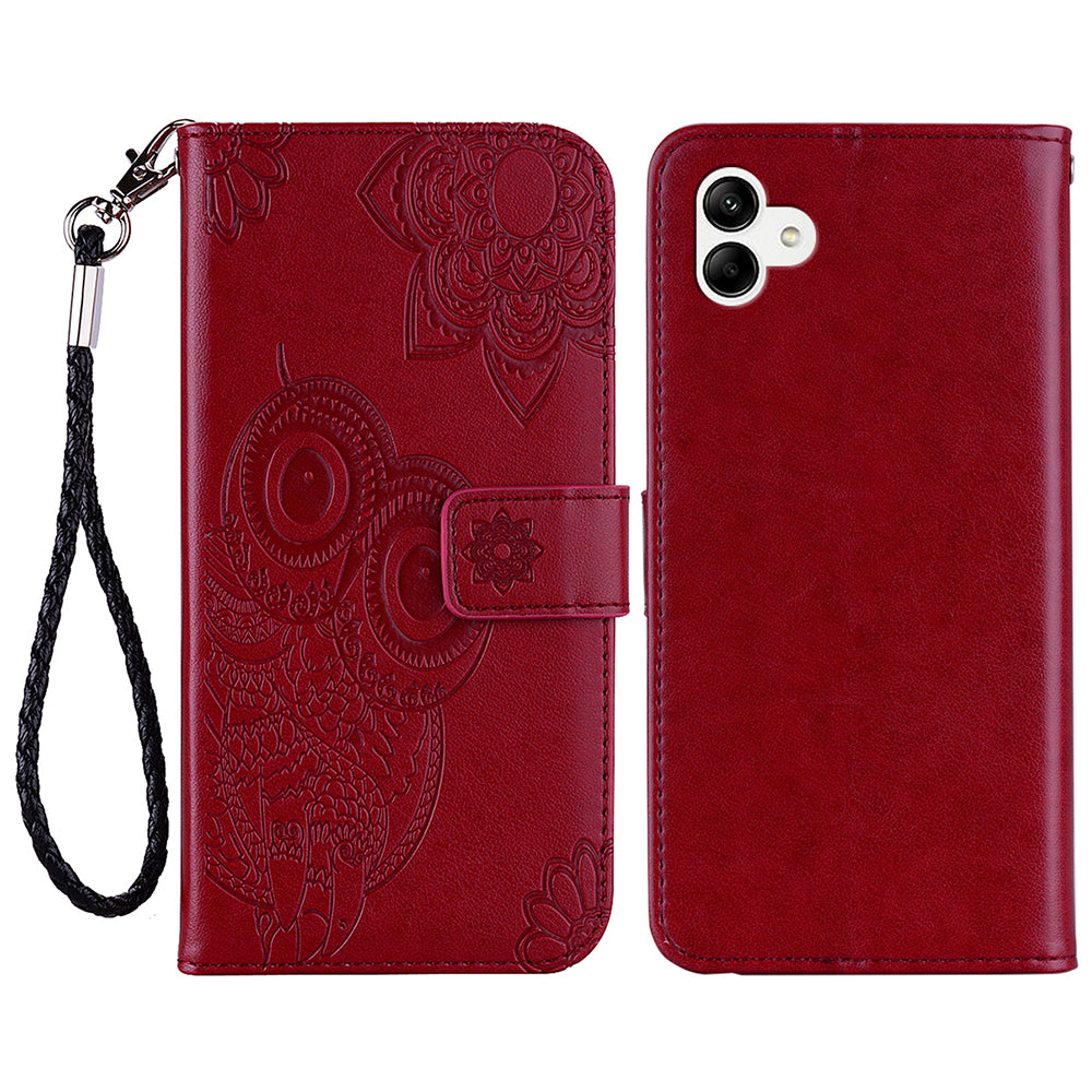 For Samsung Galaxy A06 Case Owl Flower Imprinted Leather Cover Wallet with Strap - Red