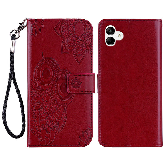 For Samsung Galaxy A06 Case Owl Flower Imprinted Leather Cover Wallet with Strap - Red