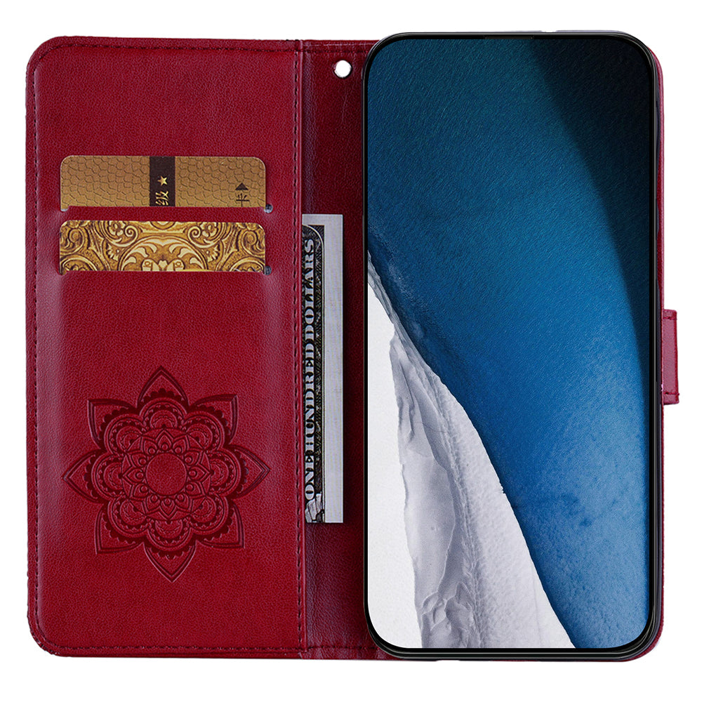 For Samsung Galaxy A06 Case Owl Flower Imprinted Leather Cover Wallet with Strap - Red