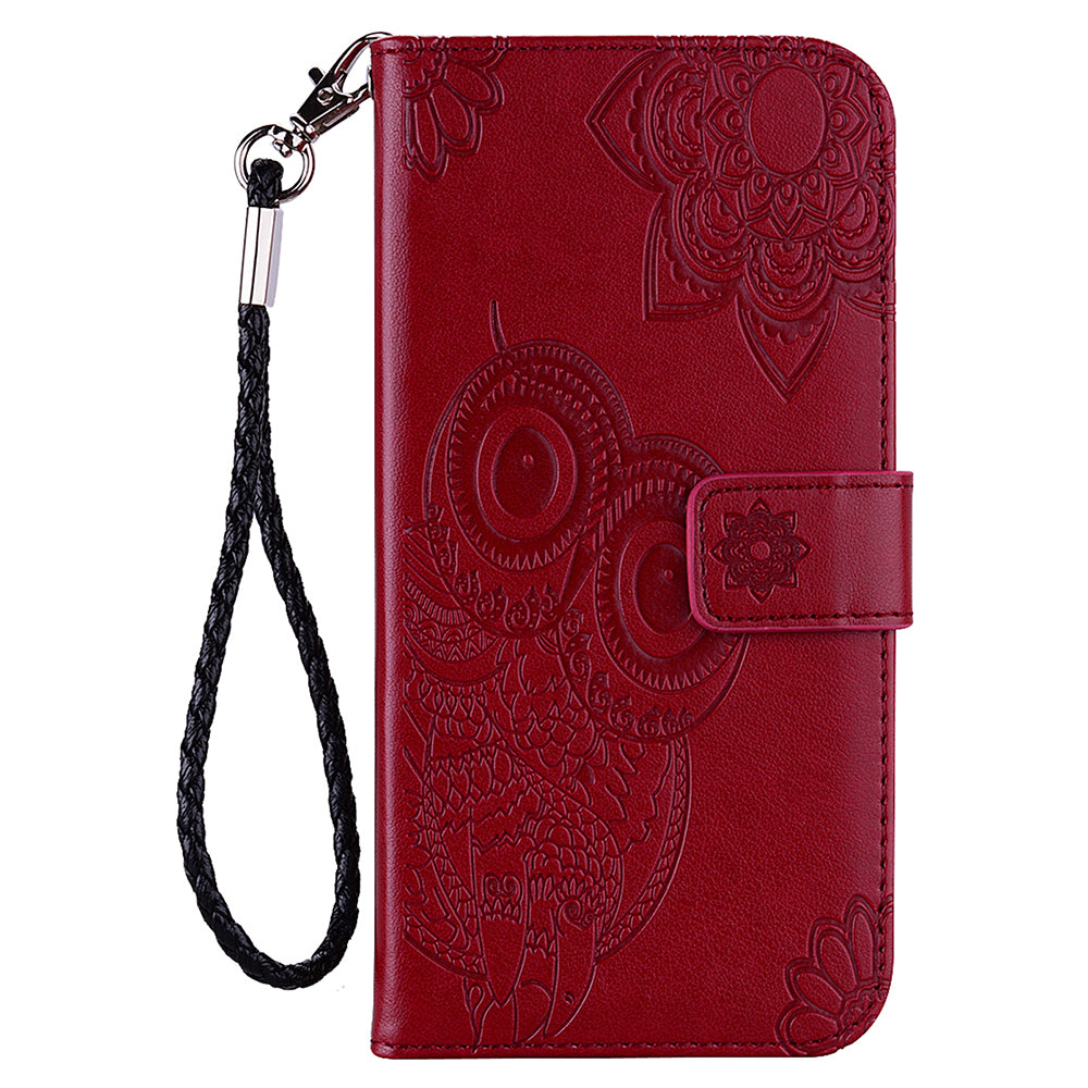 For Samsung Galaxy A06 Case Owl Flower Imprinted Leather Cover Wallet with Strap - Red