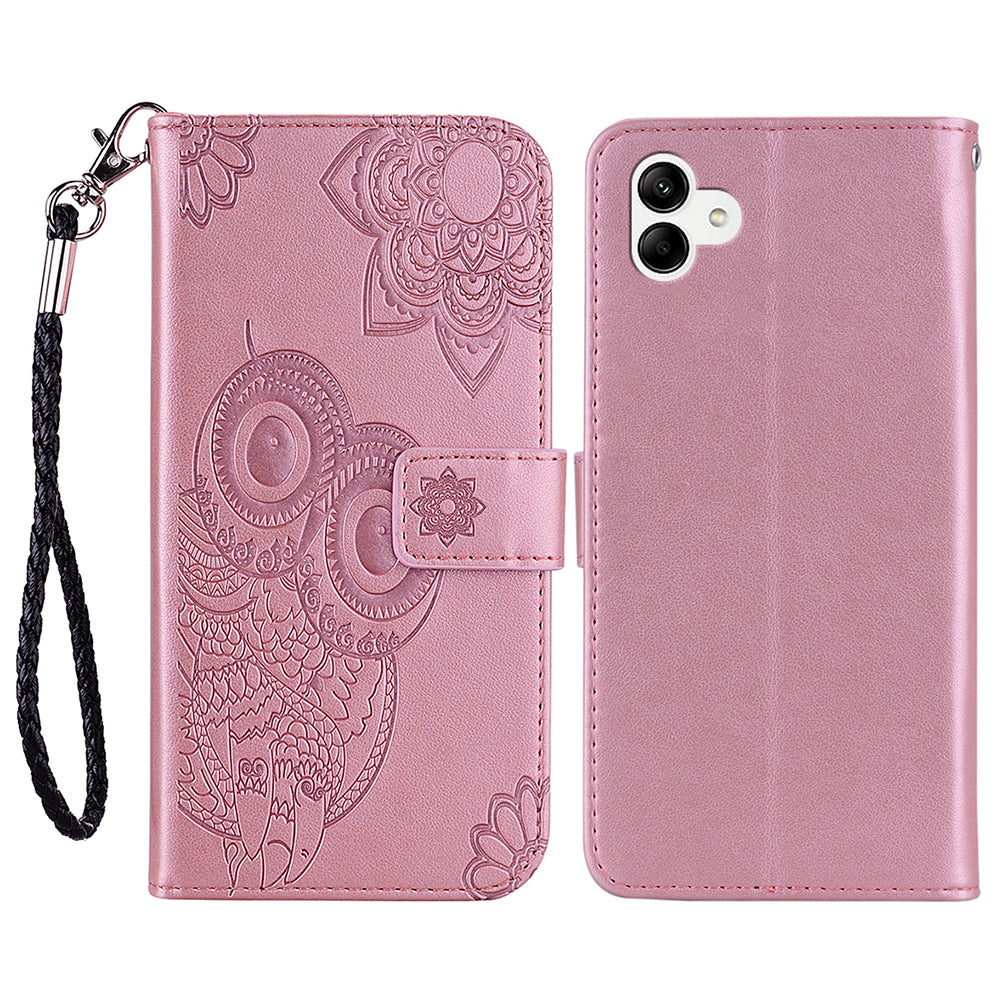 For Samsung Galaxy A06 Case Owl Flower Imprinted Leather Cover Wallet with Strap - Rose Gold