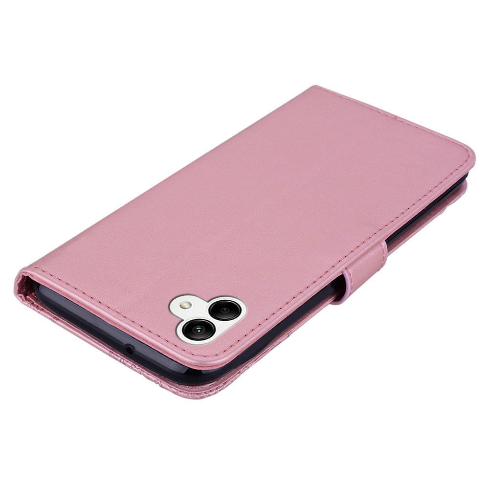 For Samsung Galaxy A06 Case Owl Flower Imprinted Leather Cover Wallet with Strap - Rose Gold