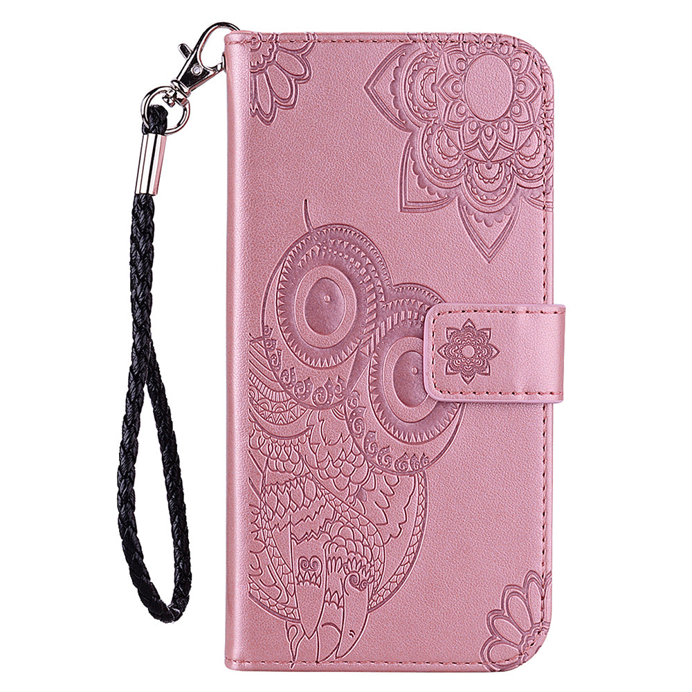 For Samsung Galaxy A06 Case Owl Flower Imprinted Leather Cover Wallet with Strap - Rose Gold
