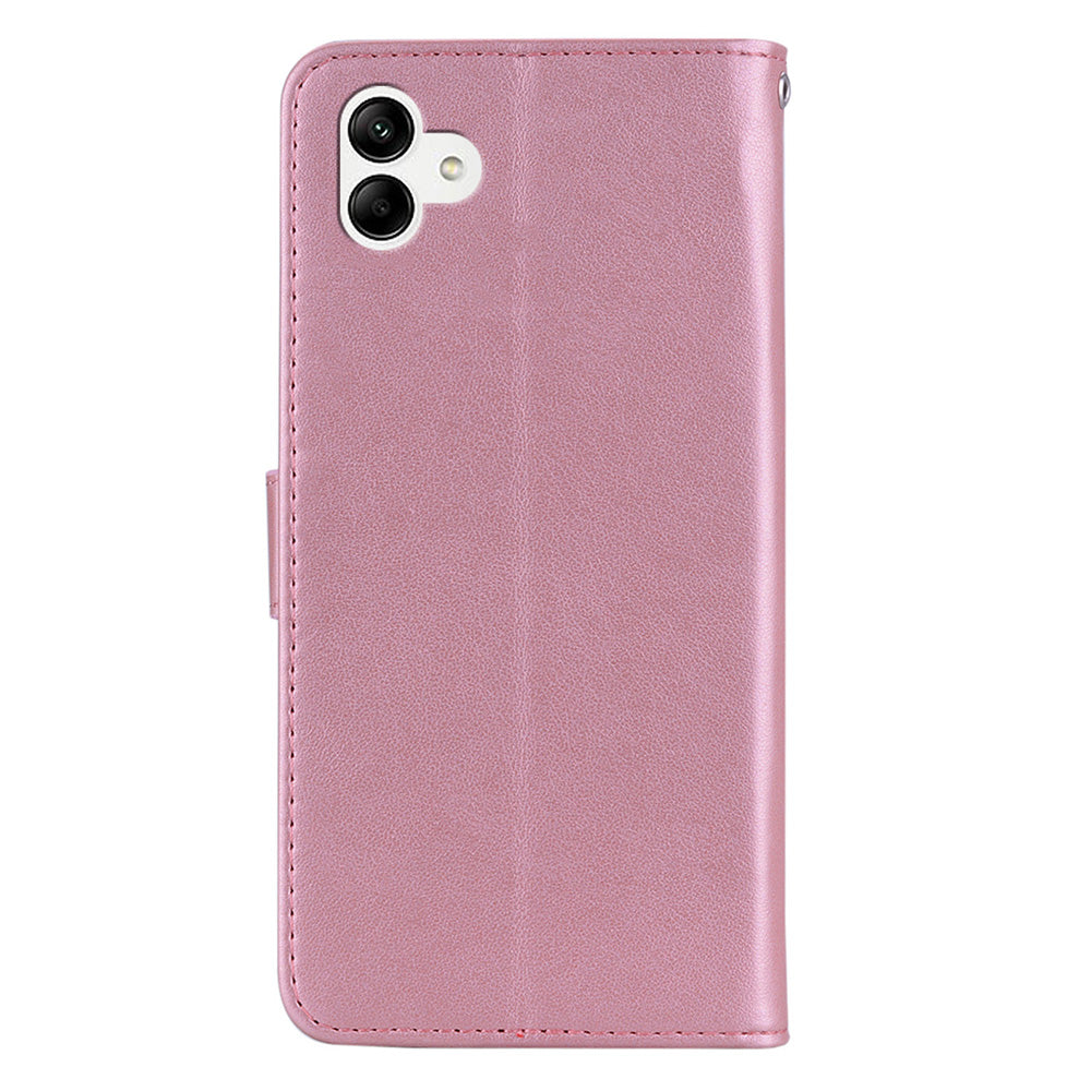 For Samsung Galaxy A06 Case Owl Flower Imprinted Leather Cover Wallet with Strap - Rose Gold