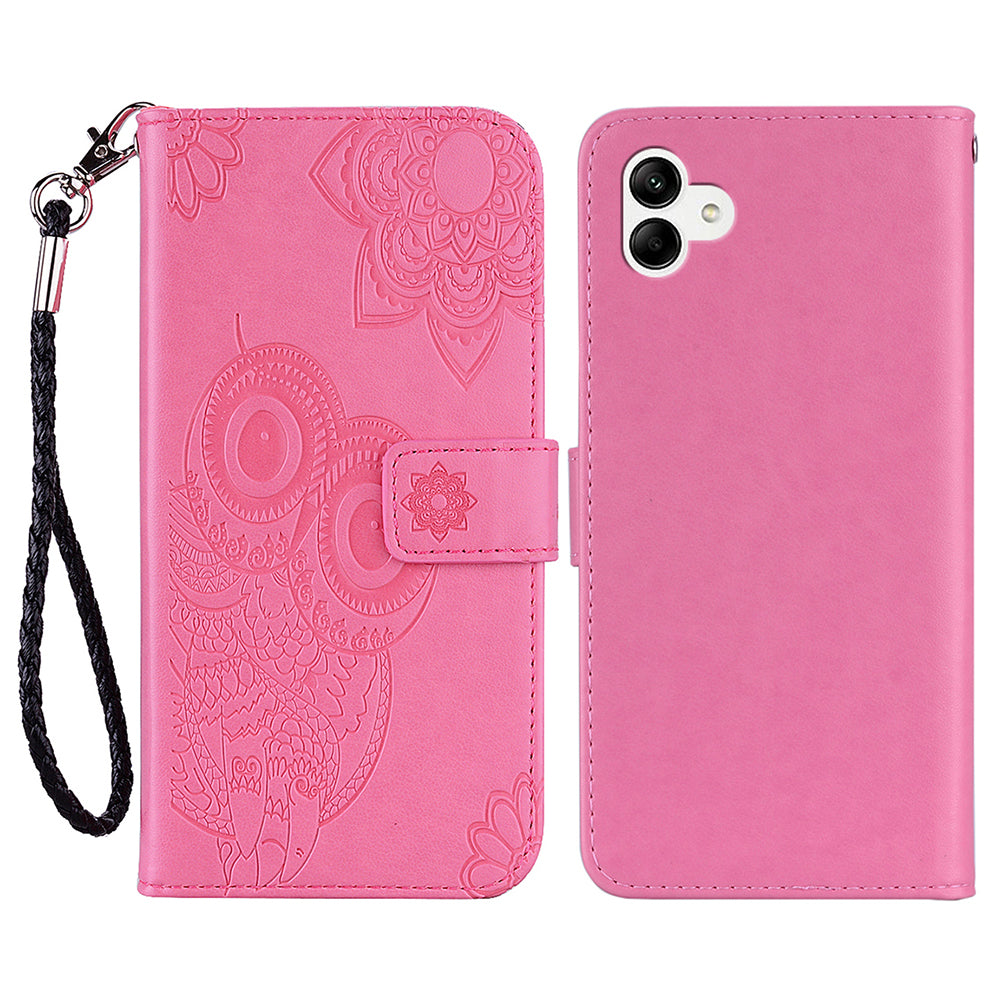 For Samsung Galaxy A06 Case Owl Flower Imprinted Leather Cover Wallet with Strap - Rose