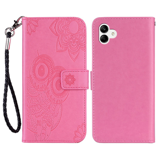 For Samsung Galaxy A06 Case Owl Flower Imprinted Leather Cover Wallet with Strap - Rose
