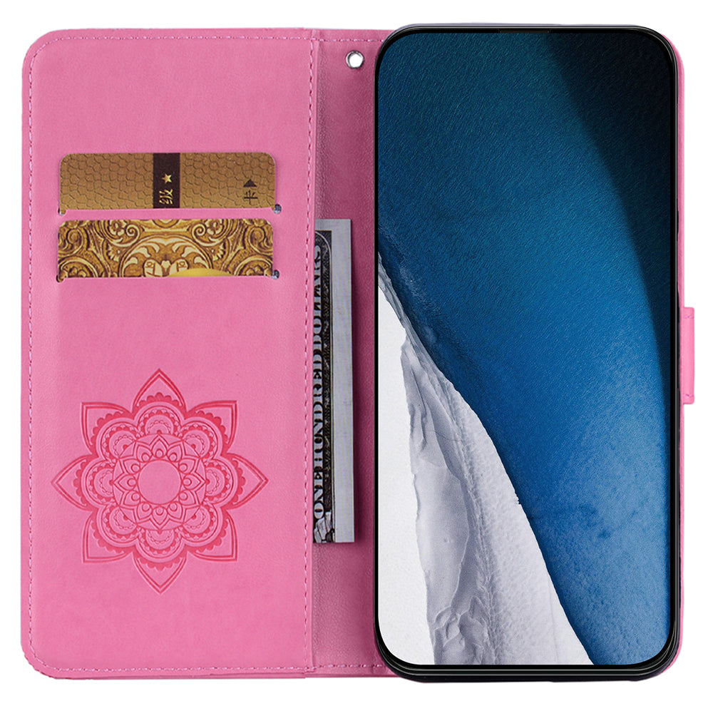 For Samsung Galaxy A06 Case Owl Flower Imprinted Leather Cover Wallet with Strap - Rose