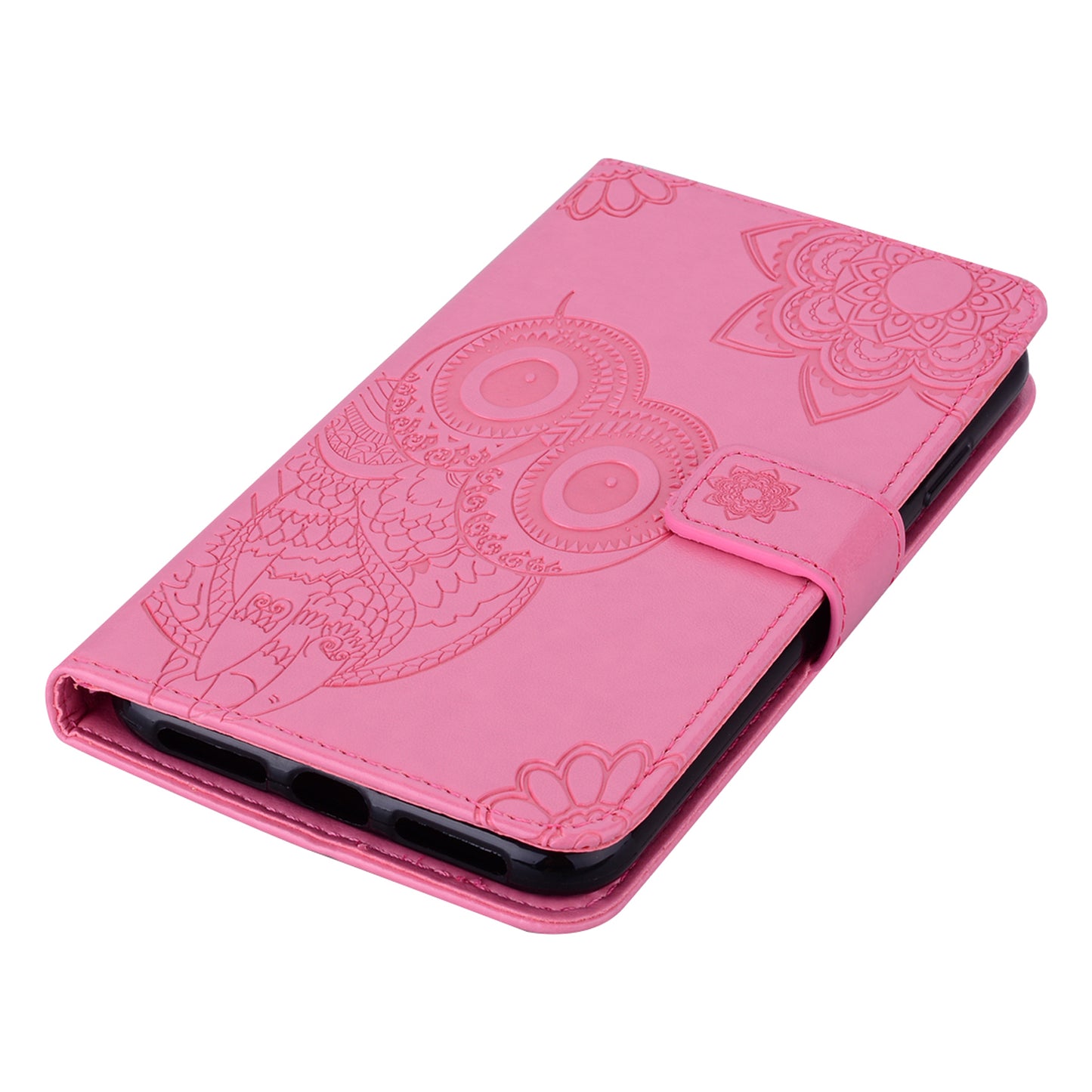 For Samsung Galaxy A06 Case Owl Flower Imprinted Leather Cover Wallet with Strap - Rose