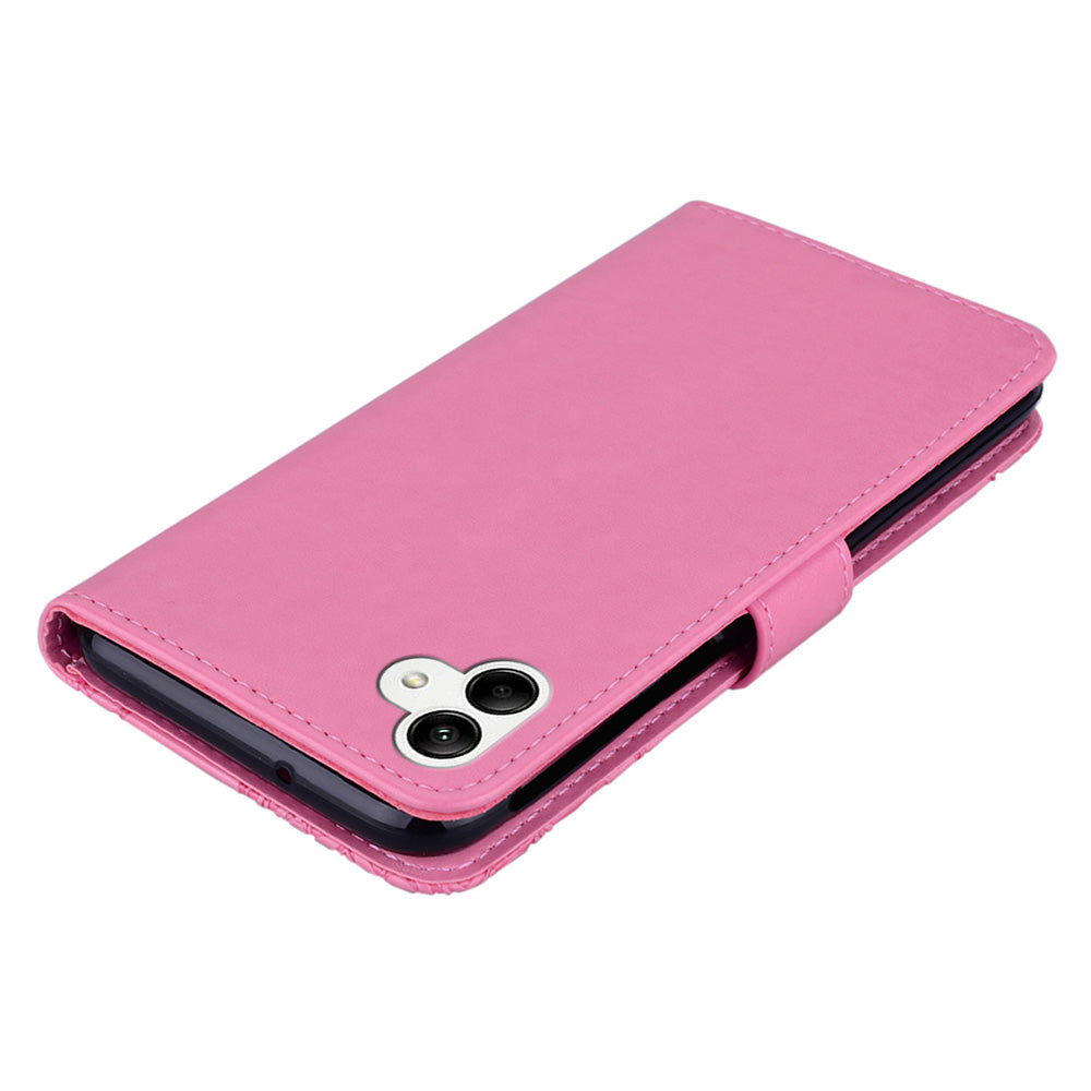 For Samsung Galaxy A06 Case Owl Flower Imprinted Leather Cover Wallet with Strap - Rose
