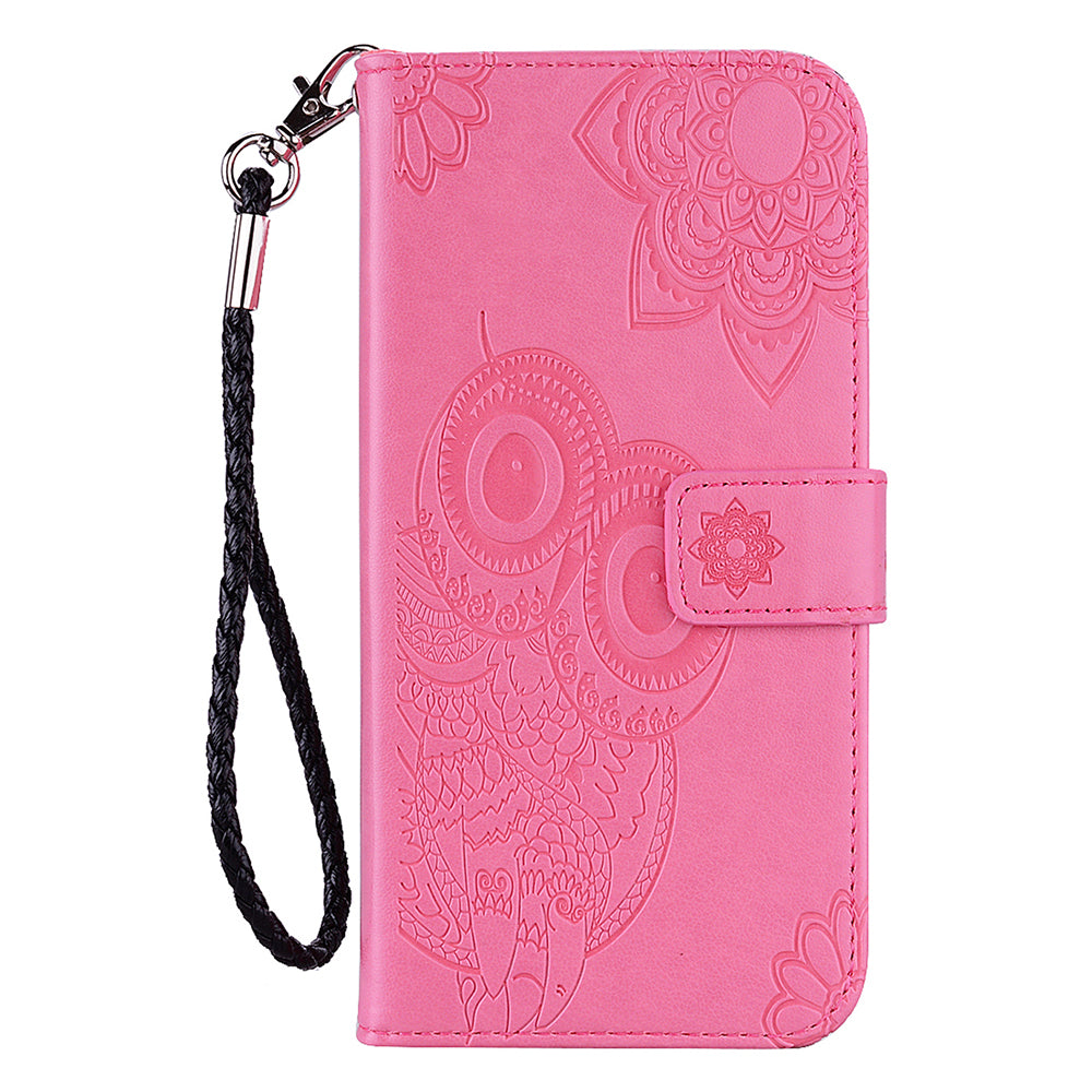 For Samsung Galaxy A06 Case Owl Flower Imprinted Leather Cover Wallet with Strap - Rose