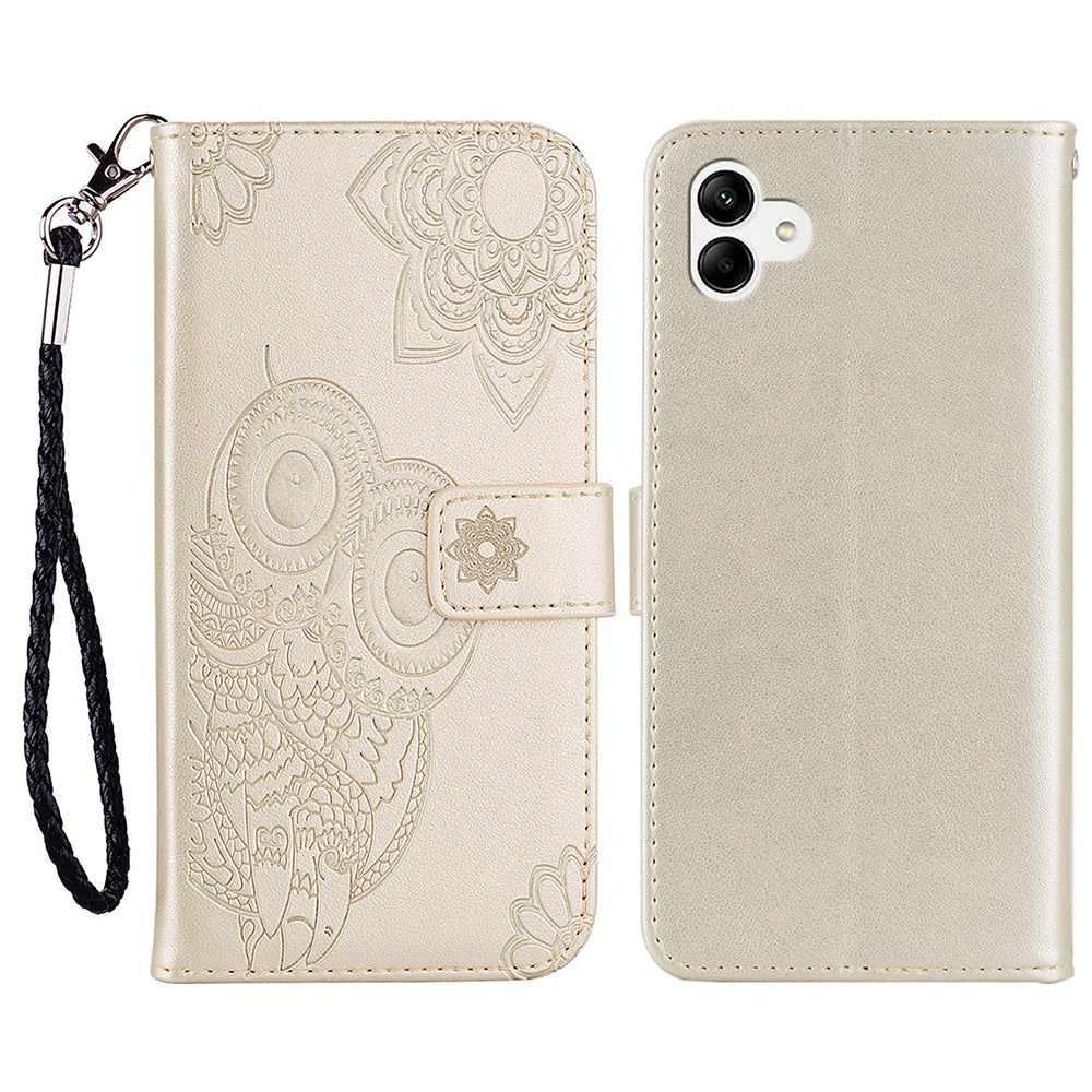 For Samsung Galaxy A06 Case Owl Flower Imprinted Leather Cover Wallet with Strap - Gold