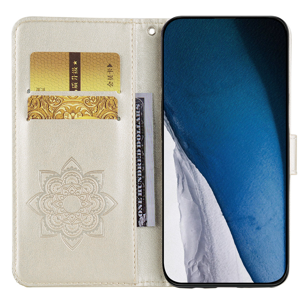 For Samsung Galaxy A06 Case Owl Flower Imprinted Leather Cover Wallet with Strap - Gold