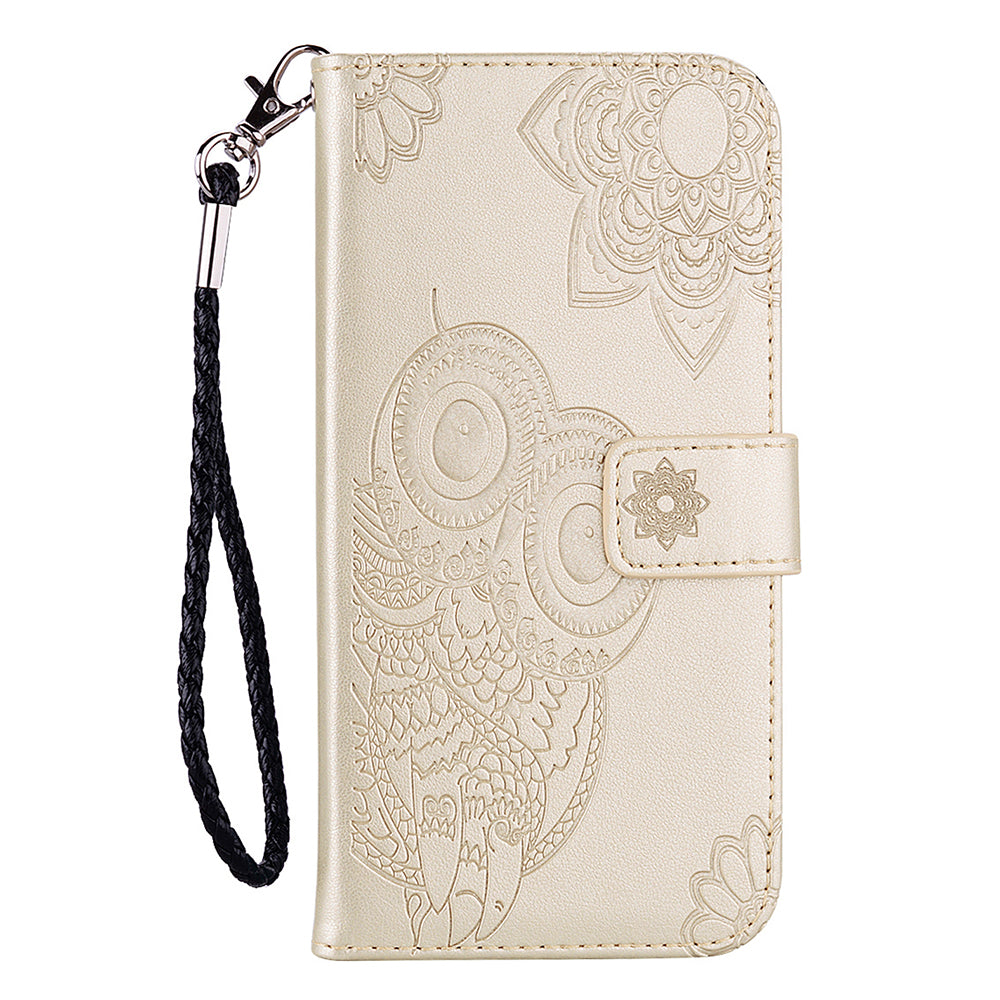 For Samsung Galaxy A06 Case Owl Flower Imprinted Leather Cover Wallet with Strap - Gold