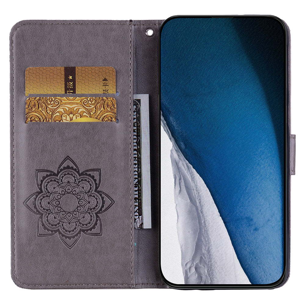 For Samsung Galaxy A06 Wallet Case Owl Flower Imprinted Rhinestone Leather Cover - Grey