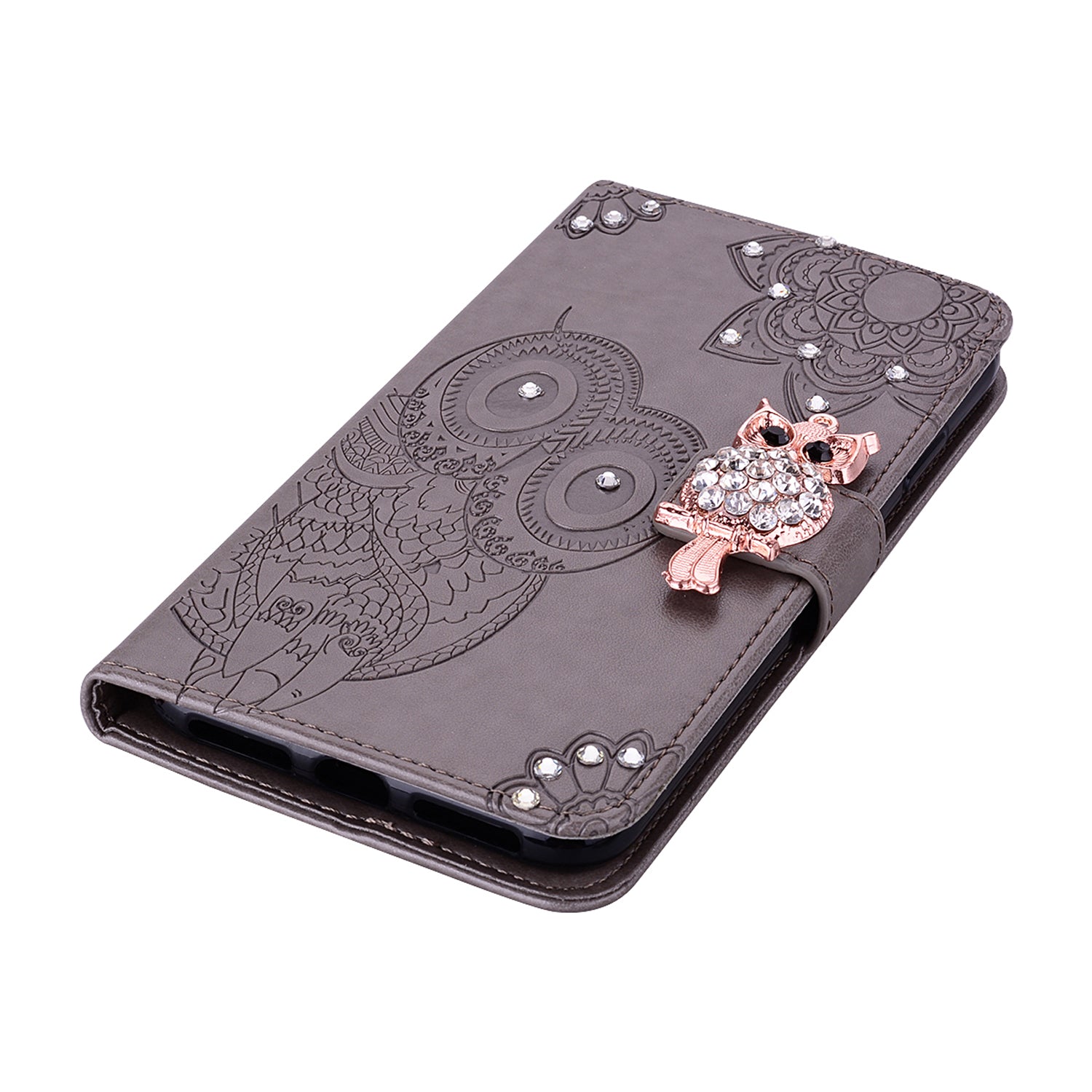 For Samsung Galaxy A06 Wallet Case Owl Flower Imprinted Rhinestone Leather Cover - Grey