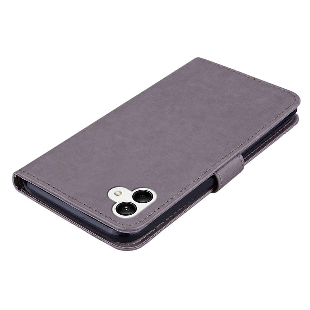 For Samsung Galaxy A06 Wallet Case Owl Flower Imprinted Rhinestone Leather Cover - Grey