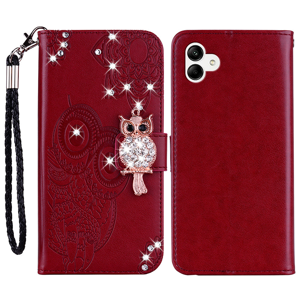 For Samsung Galaxy A06 Wallet Case Owl Flower Imprinted Rhinestone Leather Cover - Red